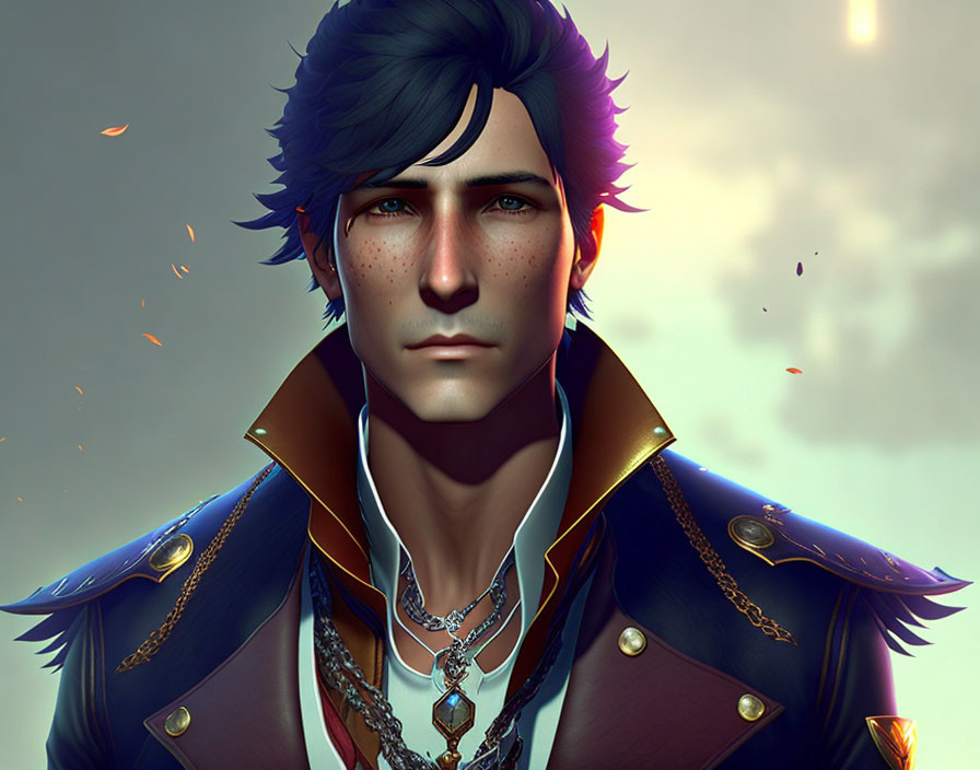 Charismatic man with blue hair and freckles in ornate jacket with medallion, em