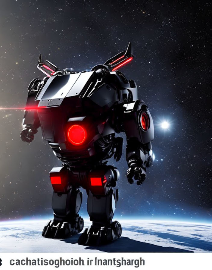 Futuristic robot with red glowing eyes on planetary surface