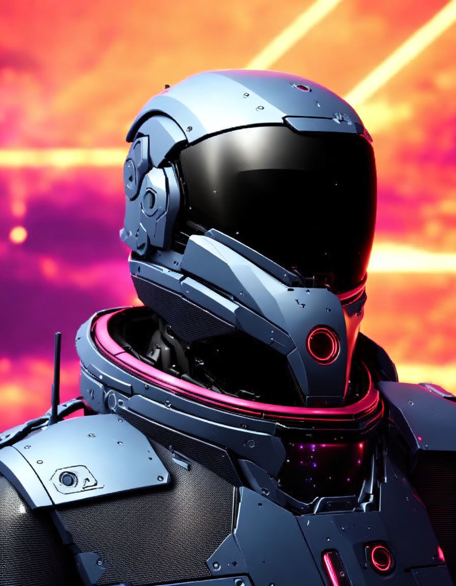 Futuristic robotic figure in sleek armor on vibrant digital backdrop