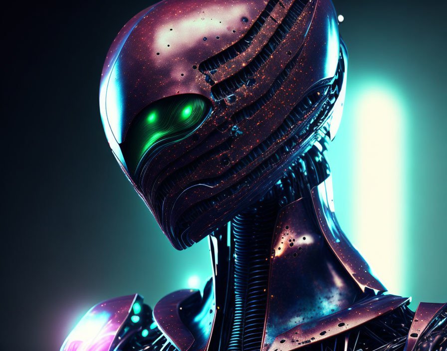 Detailed Futuristic Robot with Glossy Head and Green Eyes under Colored Lighting