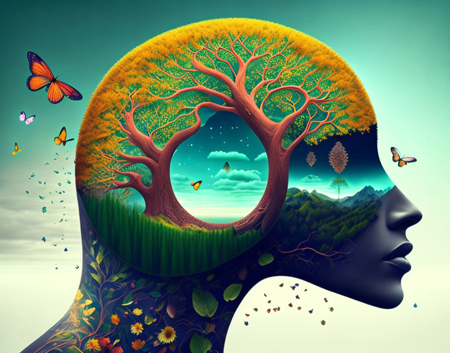 Surreal human head profile with landscape brain and butterflies