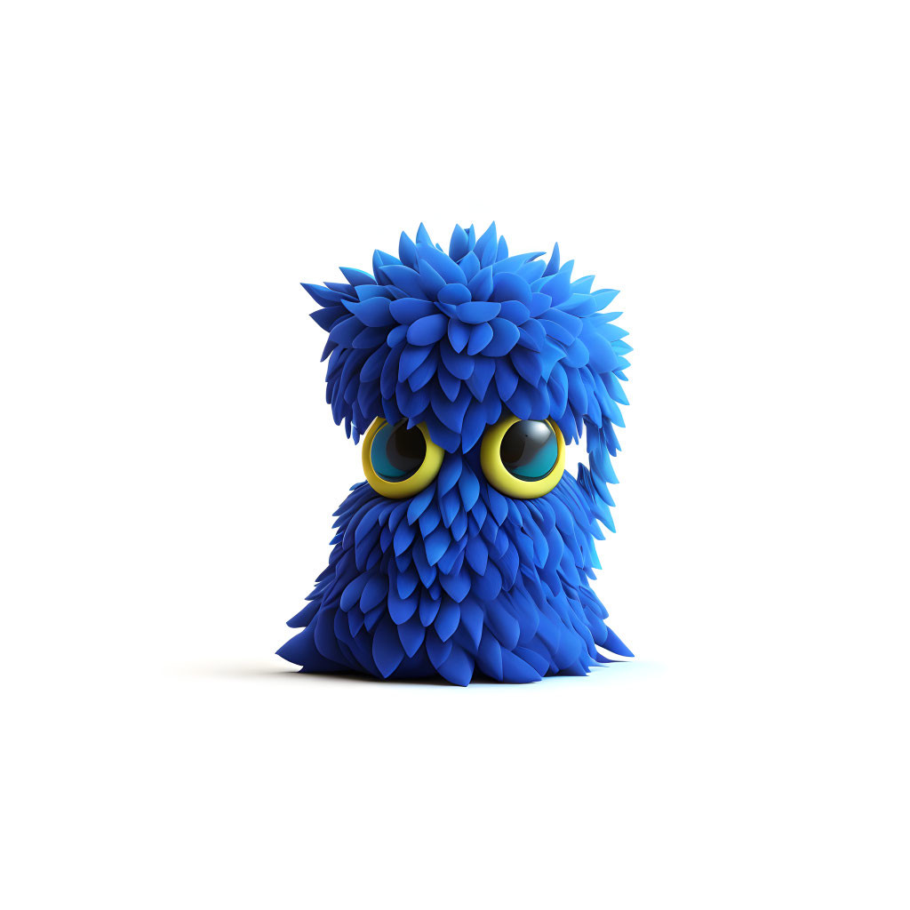 Blue Cute Creature with Yellow Eyes and Feather-like Textures on White Background