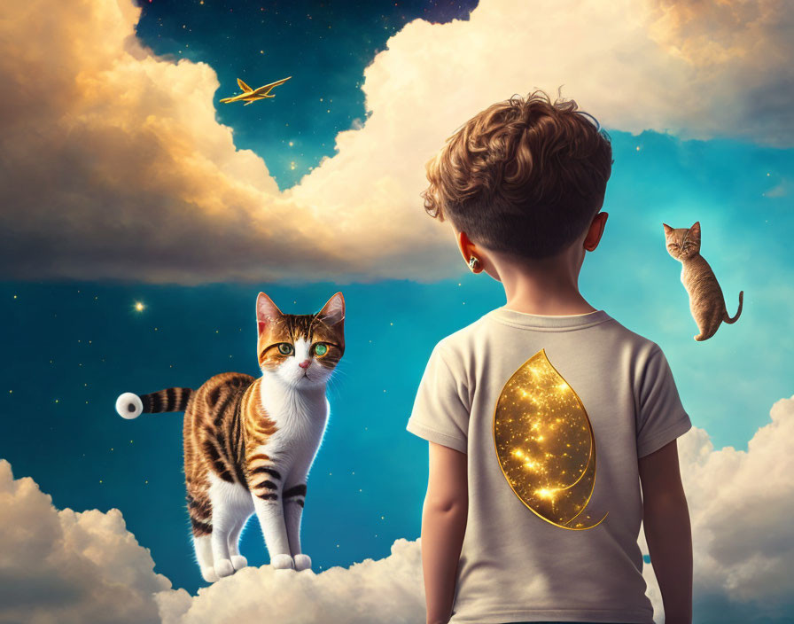 Boy with leaf print shirt observes cats on clouds in surreal sky with airplane