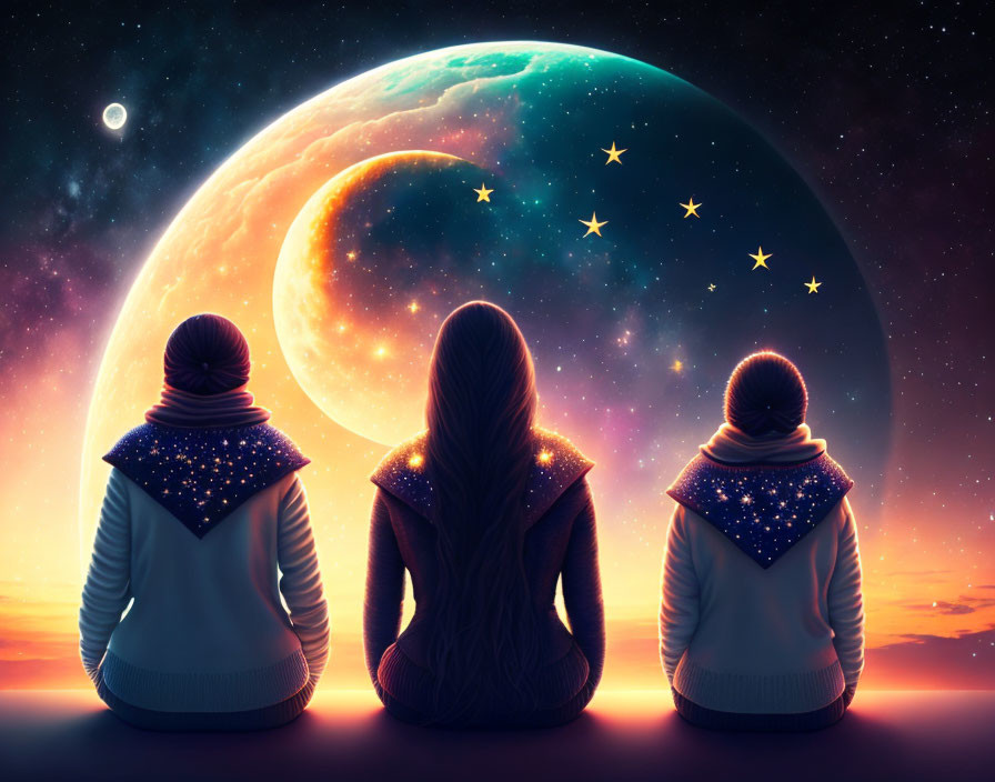 Three people admiring surreal moon in starlit sky