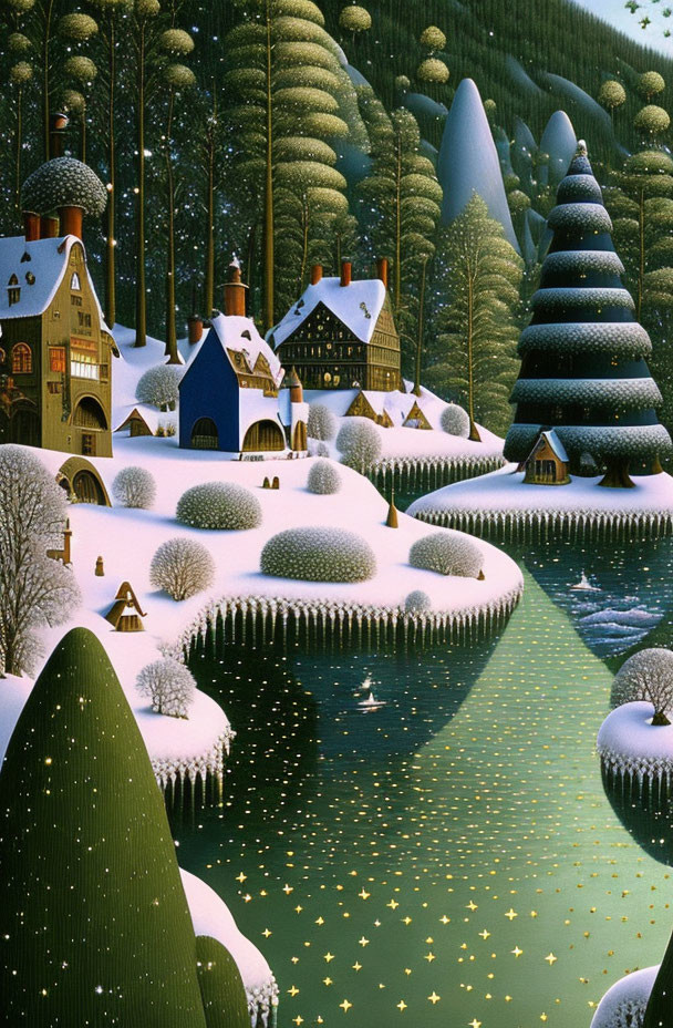 Whimsical snow-covered village with unique houses and river in winter scene
