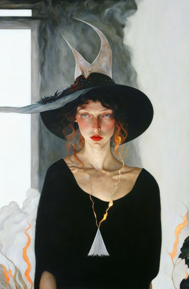Woman in Black Witch's Hat Painting on White Background