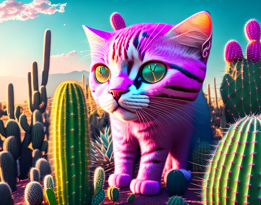 Vivid Pink-Striped Cat in Surreal Desert Landscape