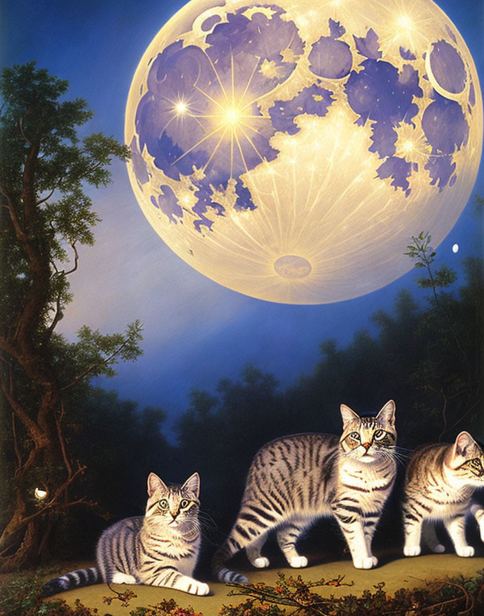 Three Tabby Cats under Oversized Moon in Mystical Night Sky