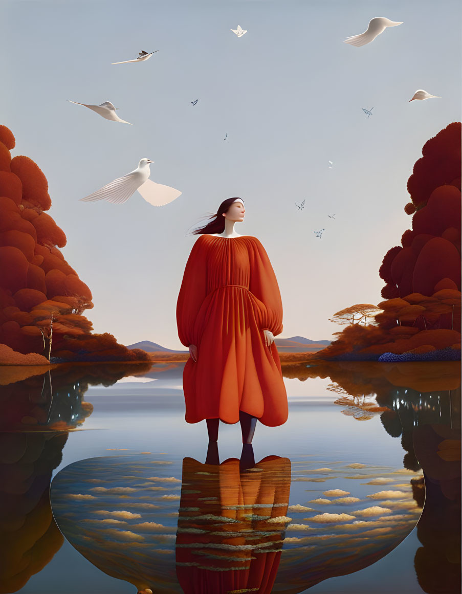 Tranquil scene of woman in red dress by reflective lake