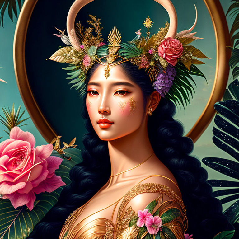 Portrait of woman with floral antlers and golden accents on teal background