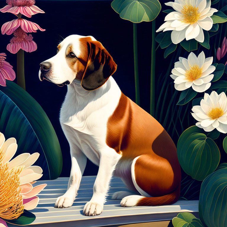 Beagle surrounded by colorful flowers on dark background
