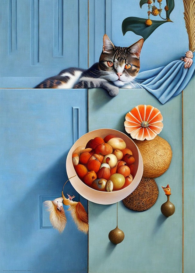 Cat and fruits