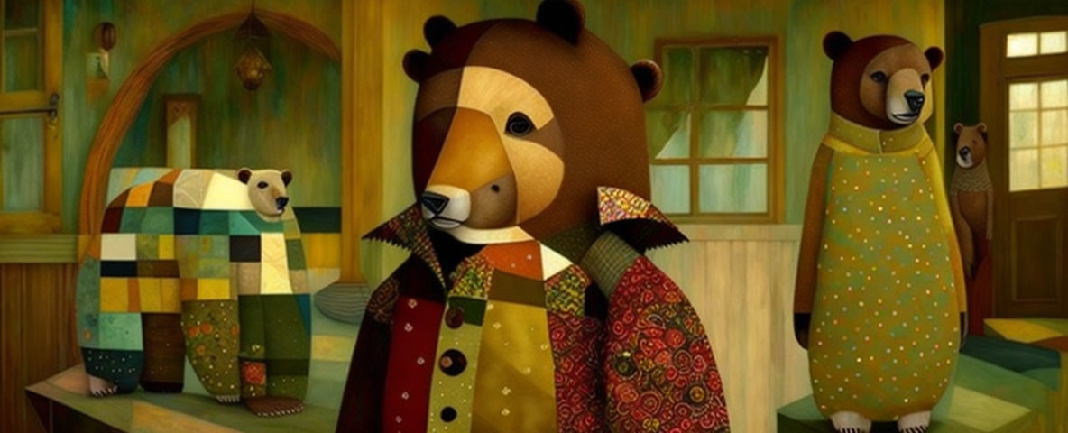 Stylized anthropomorphic bears in patchwork attire cozy interior