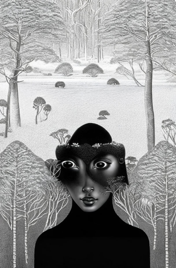Monochrome illustration of woman's face merging with winter forest scene