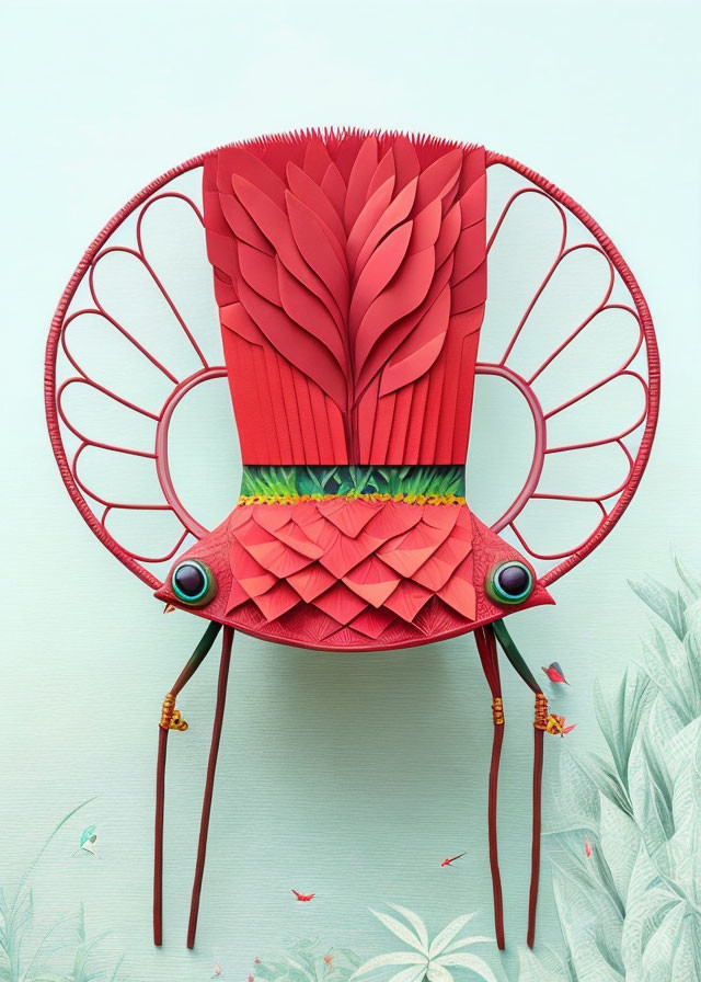 Red chair with feather-like backrest and patterned cushion on floral background