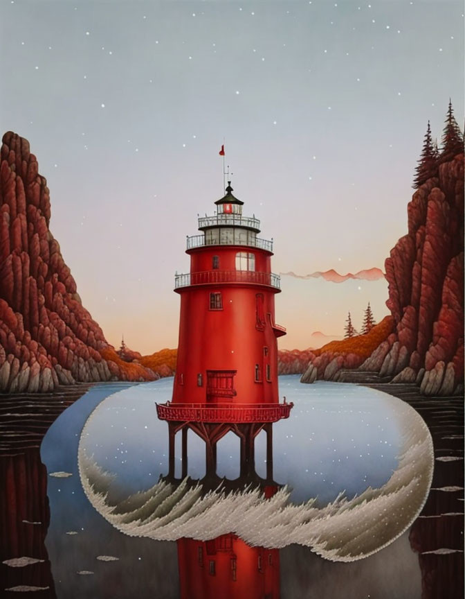 Surreal painting of red lighthouse as candle reflection in twilight sky