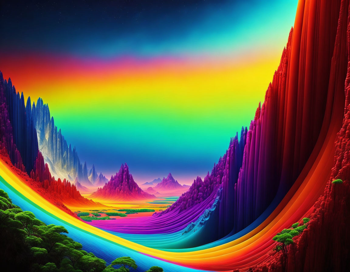 Colorful Fantasy Landscape with Rainbow Terrain and Neon Skies