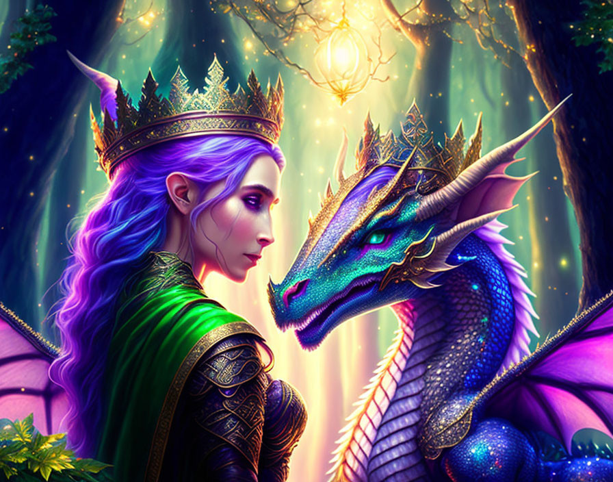 Regal woman with golden crown and purple hair next to majestic blue dragon in luminescent forest