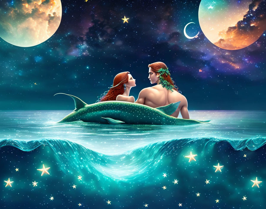 Merpeople Sitting Back-to-Back on Wave Under Starry Sky with Two Moons