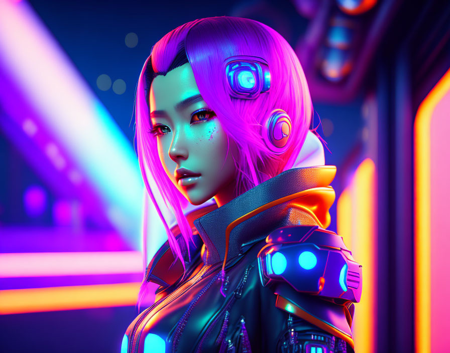 Digital Artwork: Female Character with Pink Hair and Futuristic Headphones in Neon-lit Sci-Fi