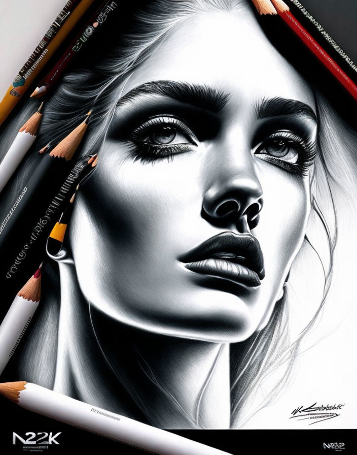 Detailed Hyper-Realistic Pencil Drawing of Woman's Face with Color Pencils