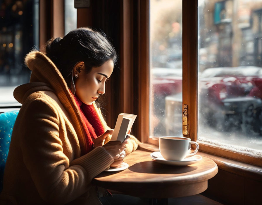 Woman in warm coat writing at cafe table with coffee cup and cars outside