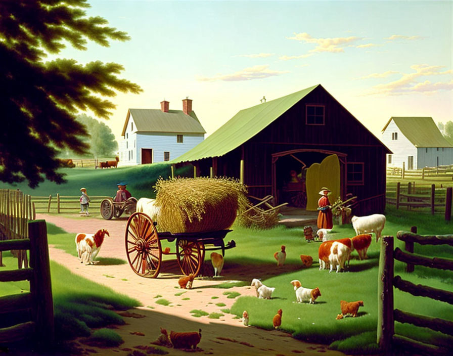 Rural farm landscape with barn, farmhouse, animals, and people on sunny day