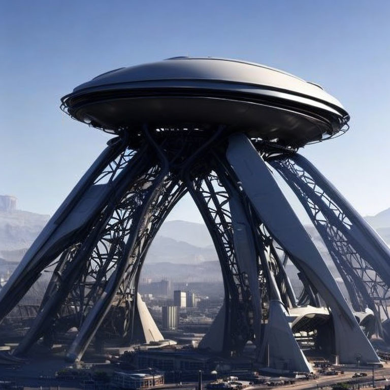 Futuristic tower with saucer-like top and sloped legs in cityscape