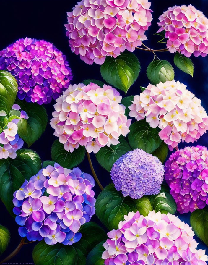 Colorful Hydrangea Blossoms in Pink, Purple, and Blue on Dark Background