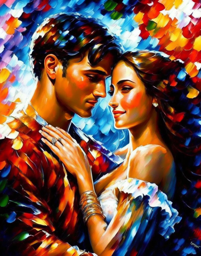 Vibrant abstract painting of man and woman embracing closely