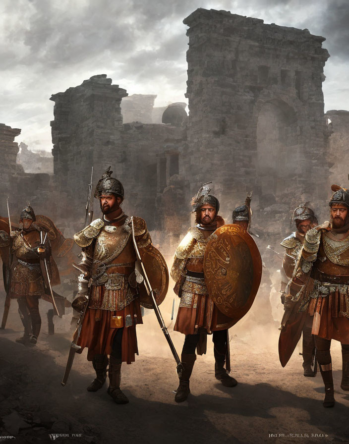Five Armored Warriors with Spears in Front of Ancient Ruins under Cloudy Sky