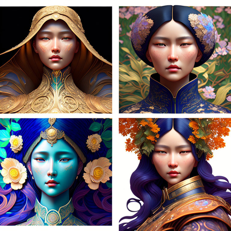Stylized digital art: Four female figures with elaborate headdresses and floral motifs