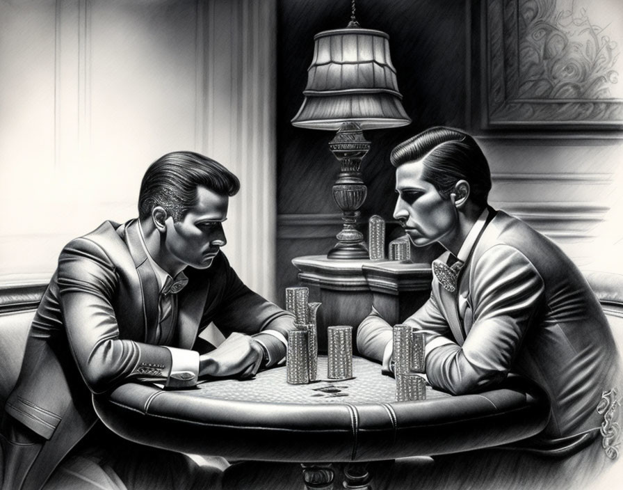 Monochrome artwork of two men playing poker in suits and bowties