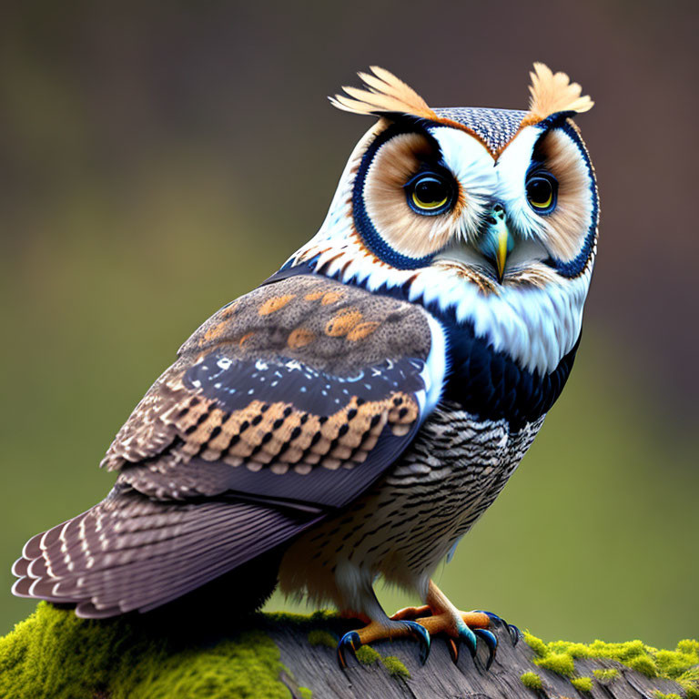 Colorful Stylized Owl Perched on Mossy Branch