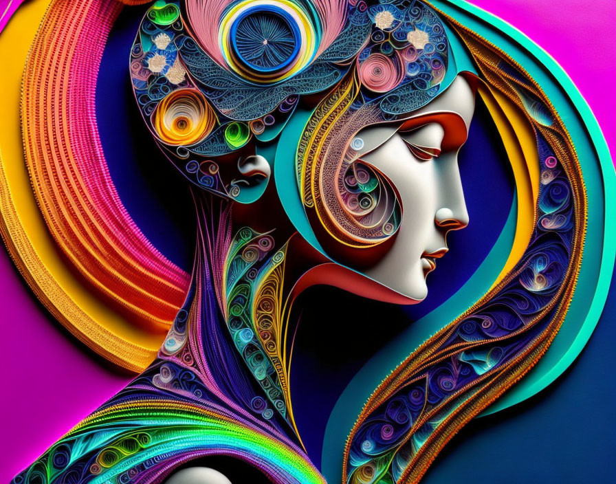 Colorful Abstract Female Profile with Flowing Patterns & Shapes