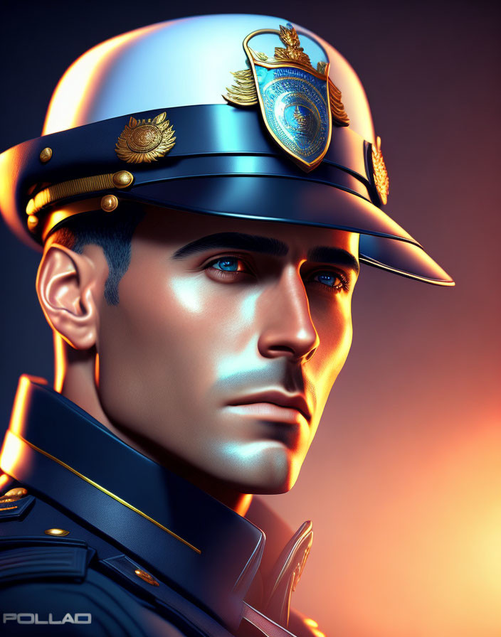Digital artwork of police officer in uniform against orange backdrop