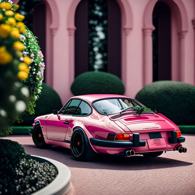 Vintage Pink Porsche Parked in Front of Pink Building with Green Bushes