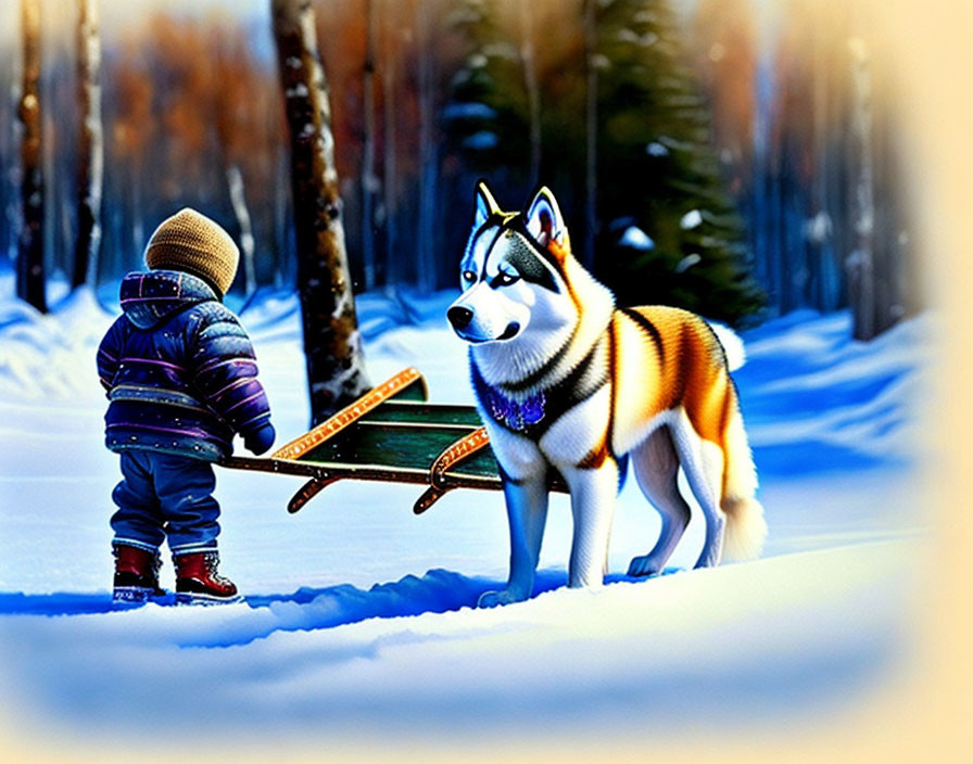 Child in winter attire with husky dog in snowy forest scene