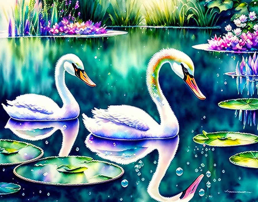 Graceful Swans on Colorful Pond with Lily Pads and Flowers