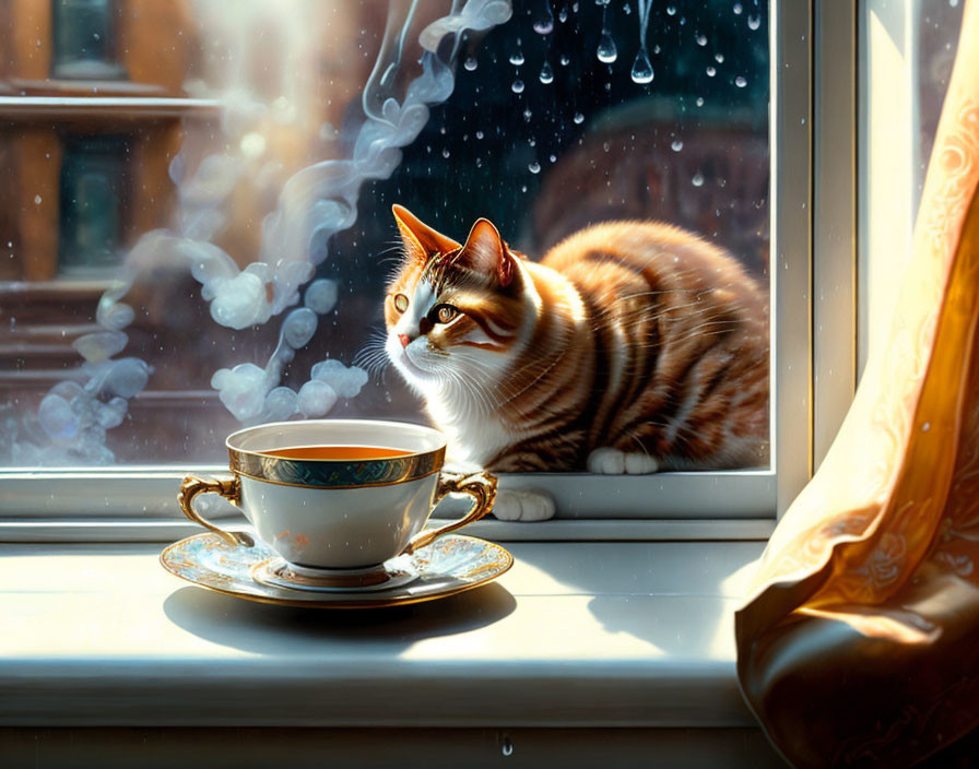 Tabby Cat Sitting by Steaming Cup on Rain-Streaked Windowsill