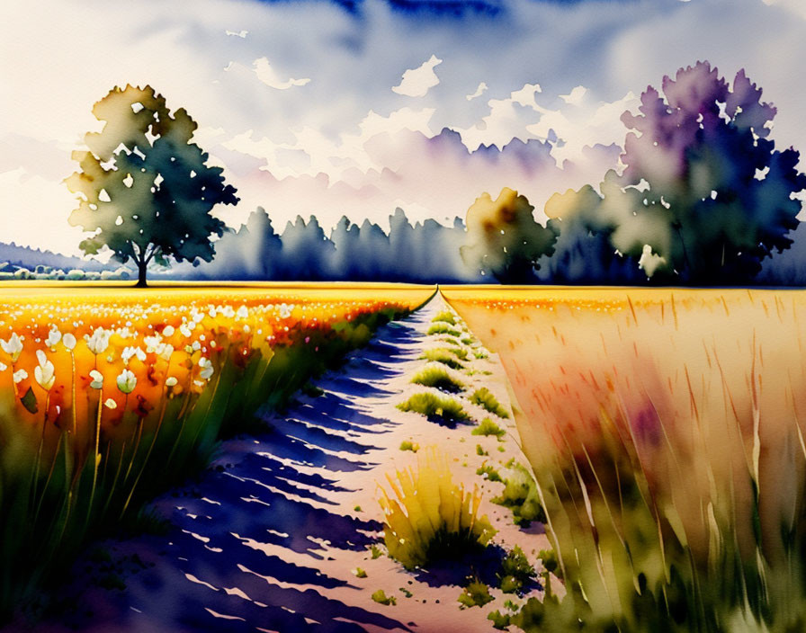 Colorful watercolor painting of country path with flowers and trees under cloudy sky