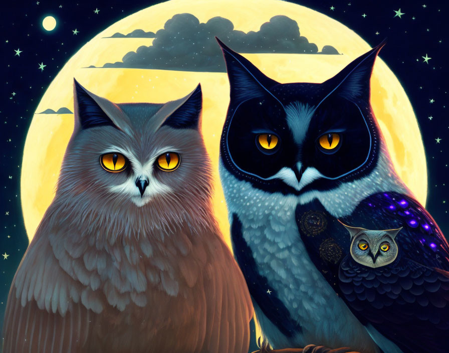 Stylized owls under starry night sky with full moon