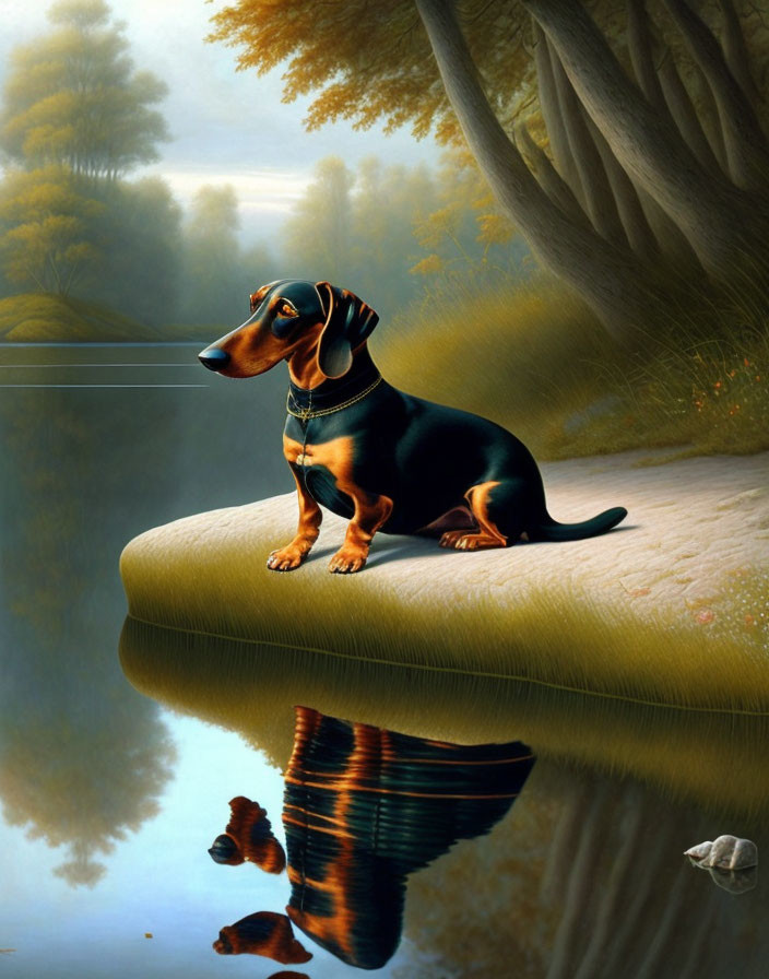 A dachshund is sitting on the water's edge