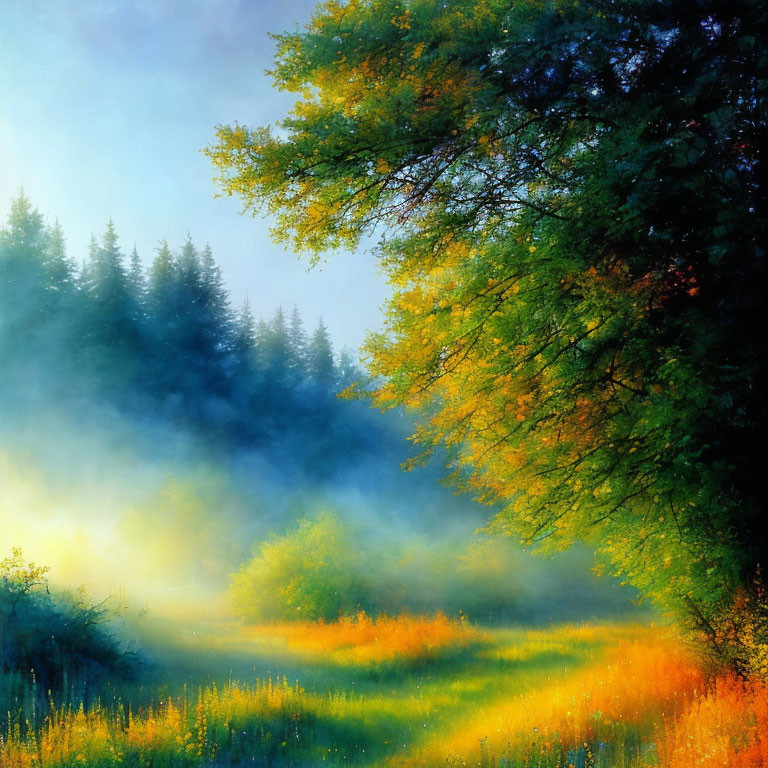 Lush Forest Scene with Mist and Colorful Trees at Dawn