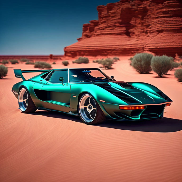 Teal classic sports car with rear wing in desert landscape