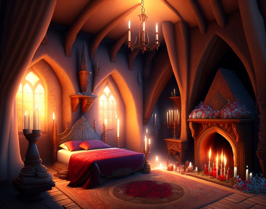 Medieval-style bedroom with fireplace, candles, bed, windows, chandelier