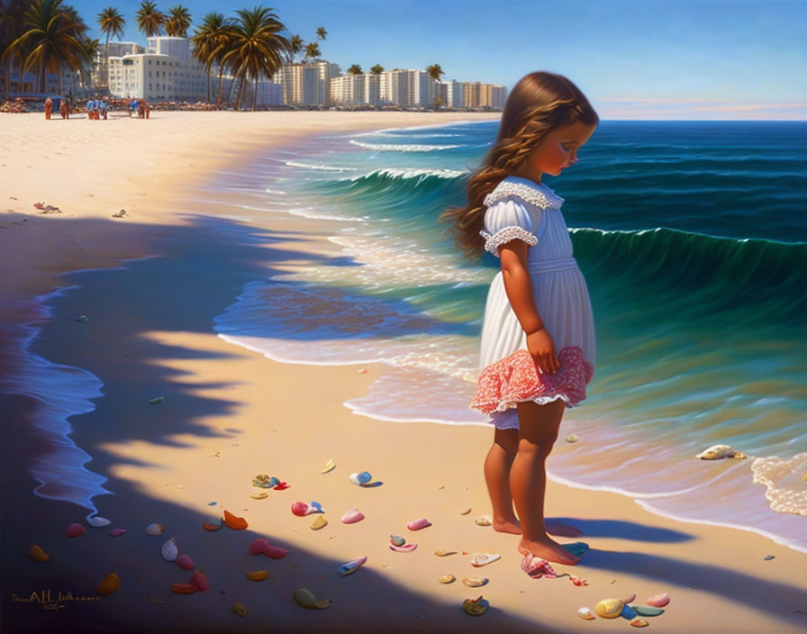 Young girl in white and pink dress on sandy beach with seashells and buildings in background