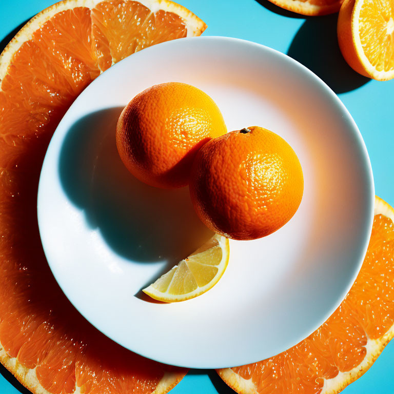 Fresh oranges and lemon slice on white plate with turquoise background