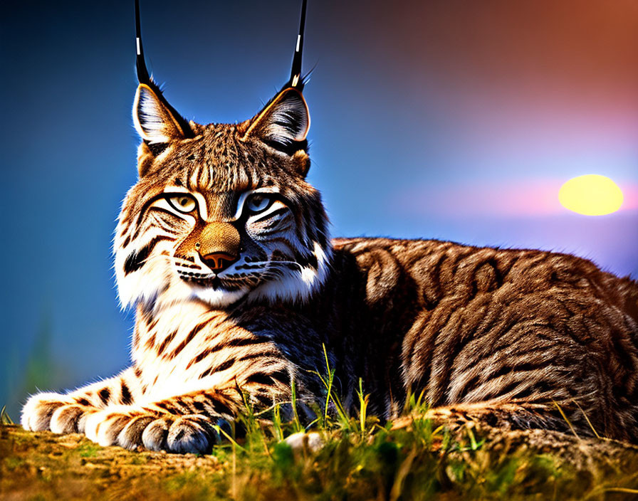 Majestic Lynx Resting in Grassy Field at Sunset