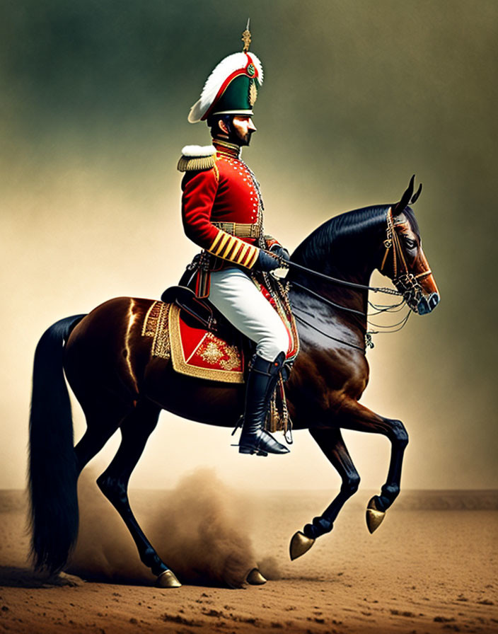 Historical military uniform rider on dark brown horse against muted background